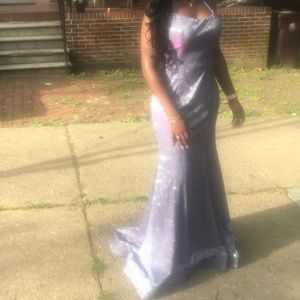 a purple metallic prom dress